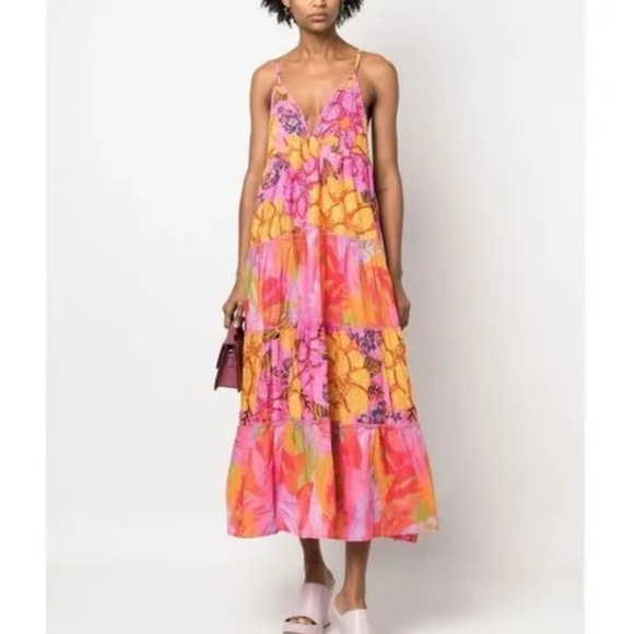 NWT Farm Rio Floral Tiered Midi Dress Pink Orange Cotton Size S - Picture 2 of 7